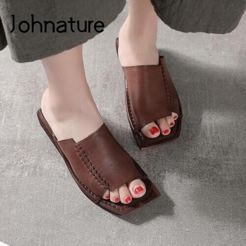 Johnature Women Slippers 2020 New Genuine Leather Slides Women Shoes Sewing Retro Leisure Handmade Wedges Concise Ladies Sandals