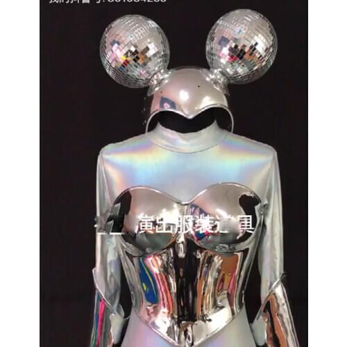 Future technology Nightclub bar mirror costume silver mouse jumpsuit women party girl singer stage show dancer clothing