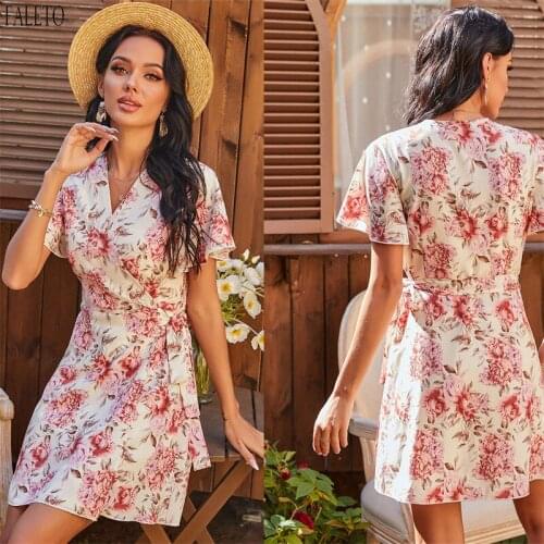 Faleto Hot Selling Womens Dresses Casual Short Sleeve Dresses Wrap V Neck Floral Printed Summer Beach Party Vacation Mini Dress