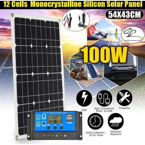100W Solar Charging Board Dual USB Output Solar Cells with 10A-60A Controller Solar Panel Kit Complete for Touring Outdoor Phone
