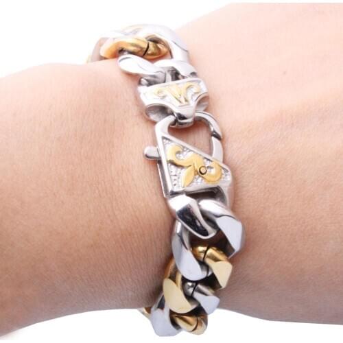 13/15MM Wide Silver Color&Gold Stainless Steel Cuban Curb Link Chain Gift Mens Womens Bracelet Wristband 7-11inch Best Jewelry