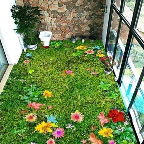 Custom 3D Floor Murals Flowers Grass Lawn Living Room Bedroom Balcony Waterproof Self-adhesive Floor Decor Mural PVC Wallpaper