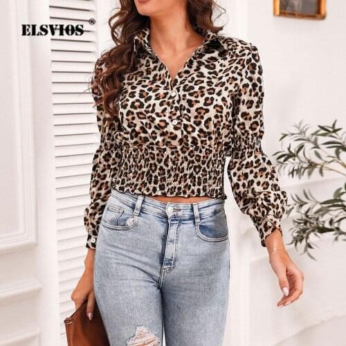 Leopard Print Lantern Sleeve Blouse 2021 Spring Autumn Fashion New Lapel Shirt Casual Women V-Neck Button Elastic Slim Short Top