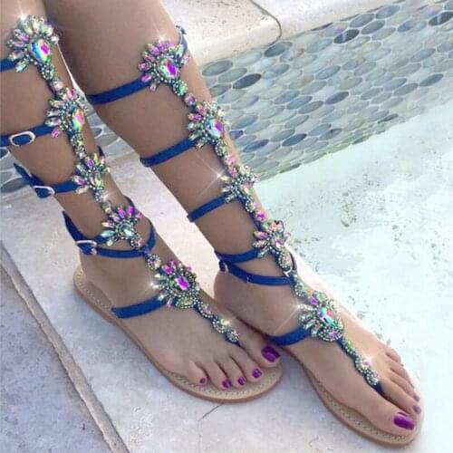 Summer Shoes Bohemian Gladiator Leather Sandals Knee High Boots Thin High Heels Women Crystal Chain Sandals Flat Sandals