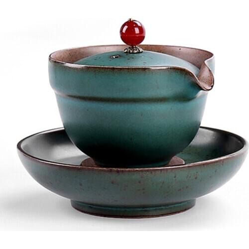 Ceramic Chinese Tea Set Cover Bowl Coarse Pottery Hand Held Teapot Sancai Gaiwan Japanese Style Household Master Single Tea Cup