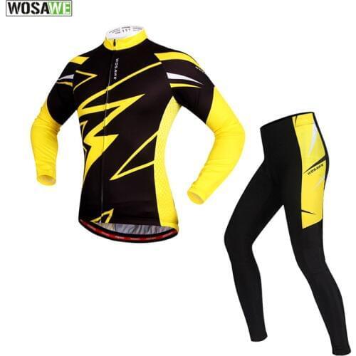 WOSAWE Spring Autumn Mens Long Sleeve Cycling Jersey Sets 4D Padded Bicycle Sportswear Cycling Clothings Running Tights Suits