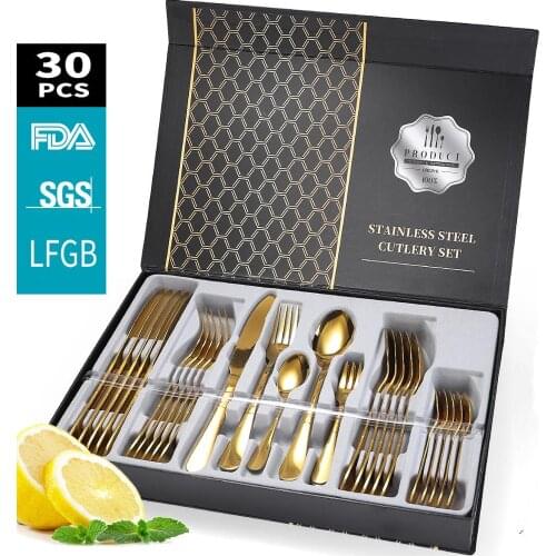 30 Pieces KuBac Hommi Gold Plated Stainless Steel Dinnerware Set Knife Fork Set Cutlery Set Black Silverware Drop Shipping
