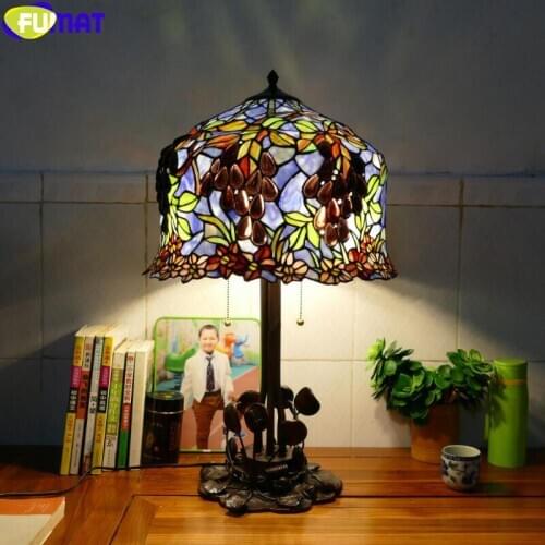 FUMAT Tiffany Style Table Lamp Grape Vineyard Stained Glass Lotus Iron Art Frame European Desk Lights Retro Hotel Villa Lighting