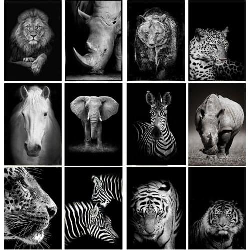 Animal Giraffe Zebra Lion Elephant Horse Prints & Poster Black and White Canvas Art Wall Decorative Picture for Living Room
