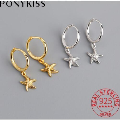 PONYKISS 100% 925 Sterling Silver Starfish Hoop Earrings Summer Beach Party Fashion Earrings Delicate Accessories Lovely Gift