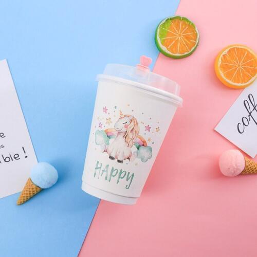 50pcs High quality unicorn pattern double layer thick paper cup 400ml 500ml disposable coffee tea drink package cups with lid