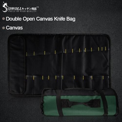 Sowoll Chefs Kitchen Knives Bag Canvas Roll Bag Carry Case Stainless Steel Knives Green Blue Portable Durable Storage Pockets