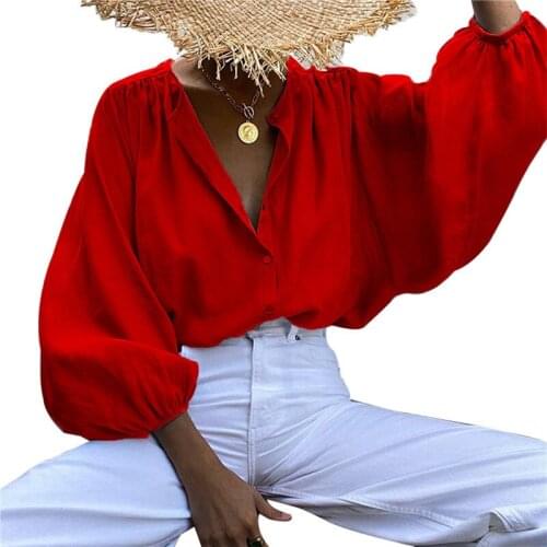 Imcute Fashion Spring Shirts Elegant Lantern Sleeve Women Blouse Buttons Casual Loose Solid Party Tops Long Sleeve Blusas 2021