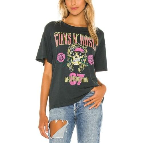 New Summer Womens T-shirt Gun and Rose Printed Skull Printed T-shirt Casual Dark Gray Top