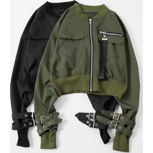 2019 New Bomber Jacket Women Patch Long Sleeve Autumn Jackets Pocket Hig Waist Buckle Zipper Streetwear Motorcycle Outerwear
