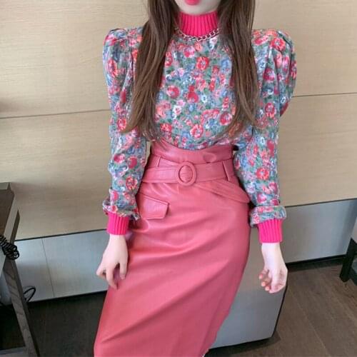 Autumn Retro Puff Long Sleeve Floral Blouse Women Chiffon Turtleneck Knitted Top High Waist Pu Leather Skirt Belt Fashion