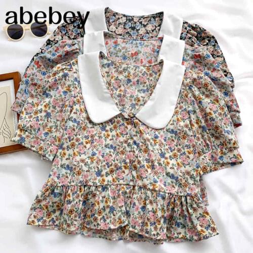 2021 New Spring Summer Women Sweet All-match Doll Collar print Blouse stitching Ruffle Chiffon Shirt Top