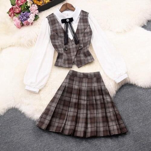 Spring and Autumn Womens British Style Suits Bowknot Checked Shirt + Pleated Short Skirt College Style Two-piece Set
