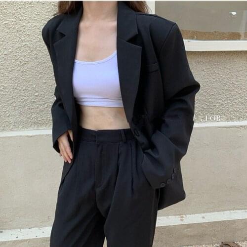 Hot Sale Black 2021 Retro All Match OL Solid Women Blazers+New Elegant Loose Vintage Straight Trouser Suits 2 Piece Sets