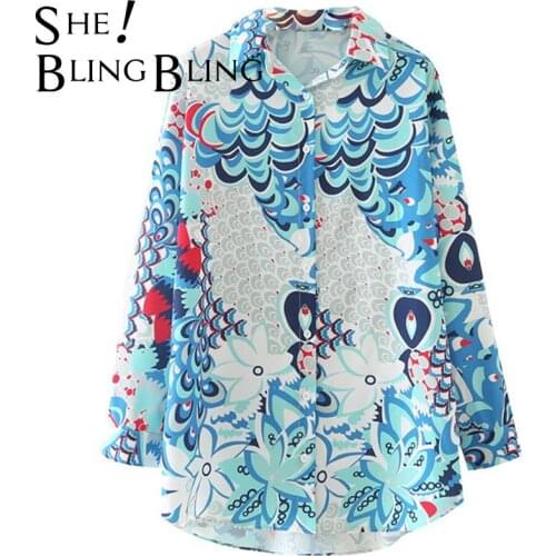 SheBlingBling Za Woman 2021 Casual Tops Summer Autumn Vintage Totem Print Long Sleeve High Low Hem Loose Traf Shirts Blue Blouse