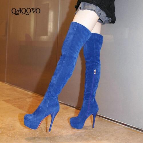 Women Winter Boots Super High Heel Over The Knee Boots Fashion Platform Zipper Boots Warm Fur Snow Boots Female Shoes Blue Black