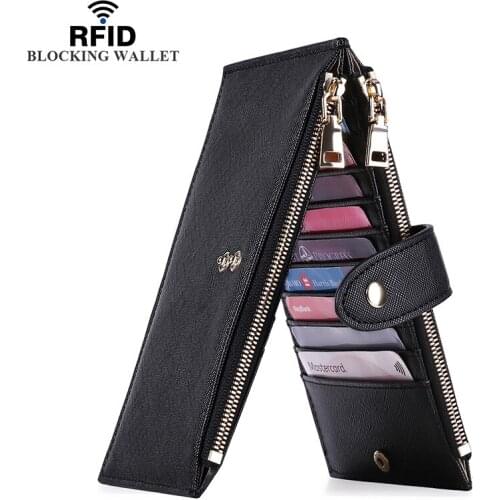 Womens RFID Blocking Leather Multi Card Organizer Wallet with Zipper Pocket