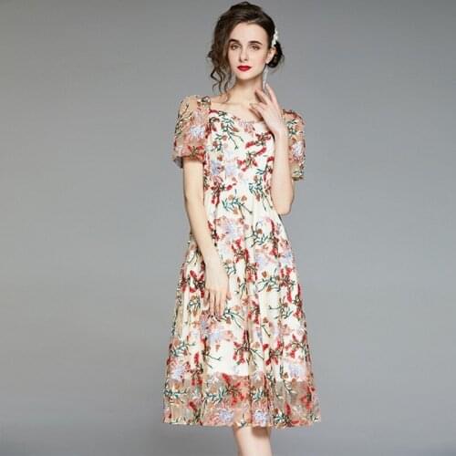 Elegant 2021 Summer Vestidos Female Embroidered Flowers Mesh Lace Square Collar Puff Sleeved Slim Office Midi A Line Dress