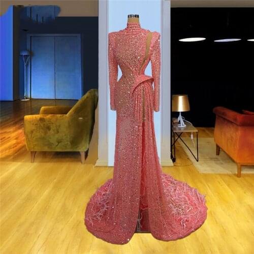 Pink Beads High Neck Elegant Evening Gown Long Sleeves Prom Dresses Dubai вечернее платье Mermaid Robe Woman Party Night Turkish