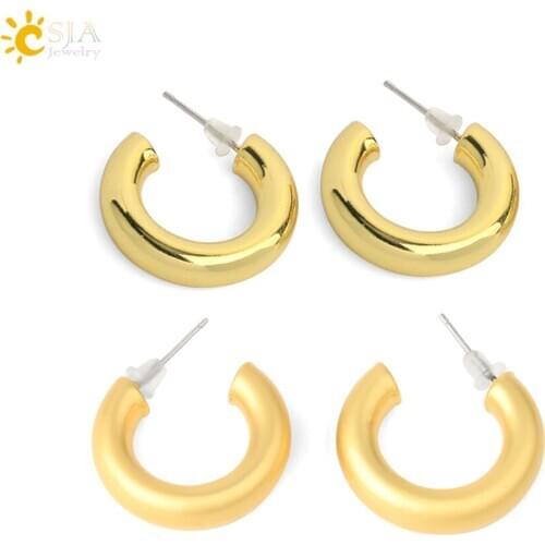 CSJA Half Moon Gold Color Hoop Earrings Metal Small Circle Letter C Simple Ear Jewelry for Women Girls Gifts Wedding Party G592