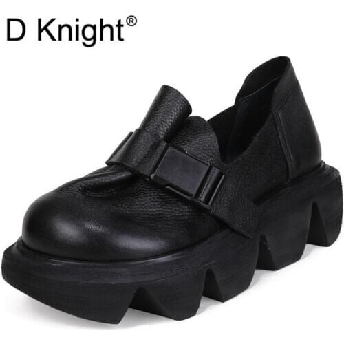 New Pumk Pumps Women Shoes Genuine Leather Thick Bottom Wedge Heel Shoes Woman Round Toe Slip On Women Platform High Heels Shoes