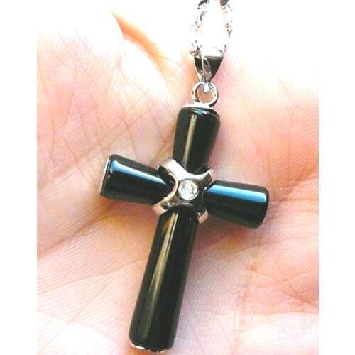 Free shipping Wholesale Cheap White GP Genuine Jet Black Onyx & Crystal Cross Pendant Necklace / Shipping