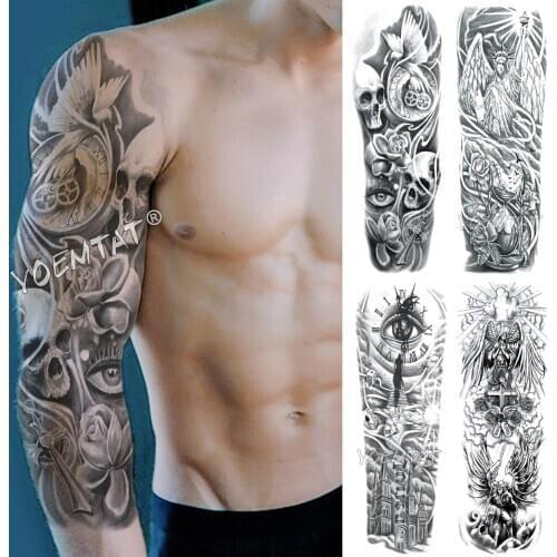 Large Arm Sleeve Tattoo Clock Pigeon Rose Waterproof Temporary Fake Tatoo Sticker Skull Cross Men Women Full Totem Tatto