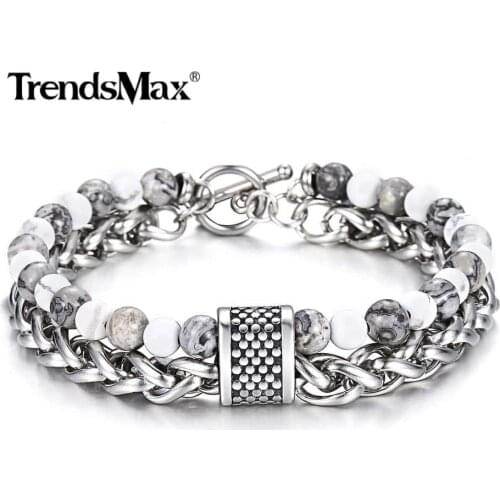 6mm Two Layers Mixed Beaded Bracelet for Men Natural Map Stone Stainless Steel Wheat Chain Charm Dropshipping Jewelry DB258