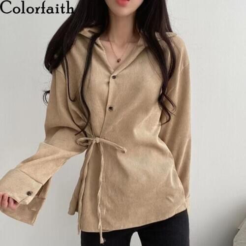 Colorfaith New 2021 Women SPring Summer Blouses Shirts Corduroy Vintage Oversize Office Korean Style Lace up Ladies Tops BL9079