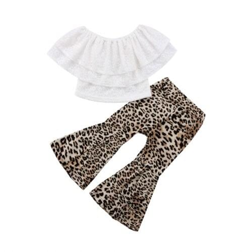Kids Baby Girl Clothes Lace Off-shoulder Tops T shirt Leopard Flare Pants Outfit