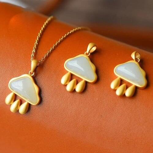 Natural Hetian Jade Super Cute Cloud Rain Flower Pendant Sterling Silver Gilding Inlaid Necklace Sweet Girly Clavicle Chain