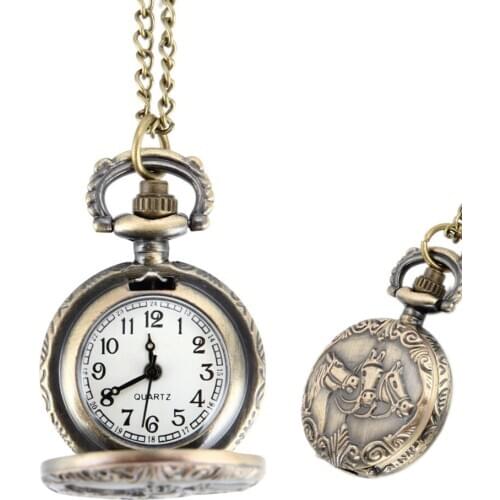 Vintage Horse Carved Round Quartz Fob Pocket Watch with Chain Necklace Retro Jewelry Gifts LXH