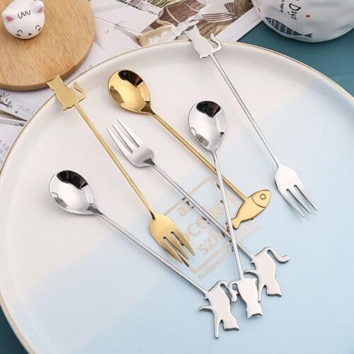 Creative Stainless Steel 304 Cat Spoon Cute Fish Coffee Spoon Dessert Shop Cake Fork Gold Plated Stirring Spoon