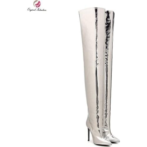 Fashion Long Boots Zipper Knee-High Thin Heels Pointed Toe Silver PU Microfiber Heel Height 10cm Size Original Intention 35-45