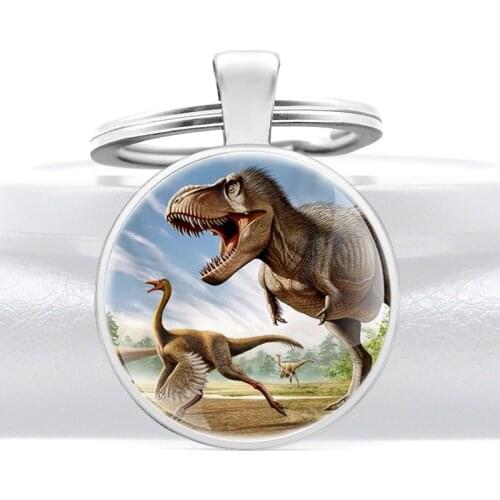 Silver Color Fashion Spinosaurus Design Glass Cabochon Metal Key Chain Charm Men Women Key Ring Jewelry Gifts Keychains