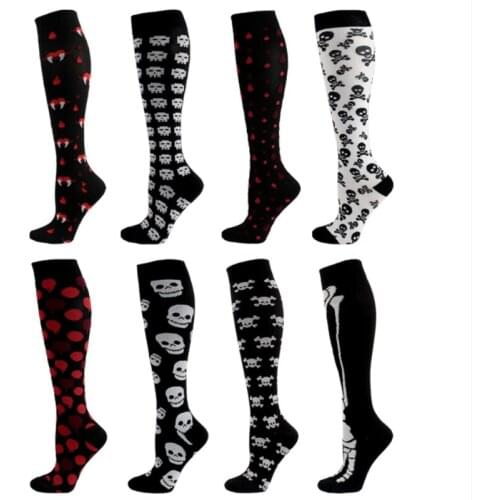 8 Pairs Women Men Halloween Compression Socks Skull Skeleton Vampire Teeth Print Circulation Nursing Knee High Stockings