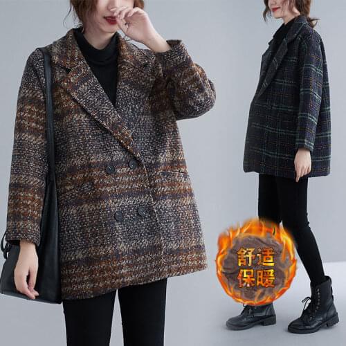 Extra Large Size Retro Plaid Woolen Coat Womens Loose Thickened Padded Female Autumn And Winter Blazer Blend Jacket y1019