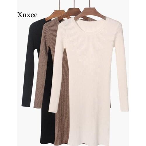 Autumn Winter Long Sweater Dress Women Solid Bodycon Thick Dress Female Jumper O-Neck Slim Basic Knit Dress Long Sleeve