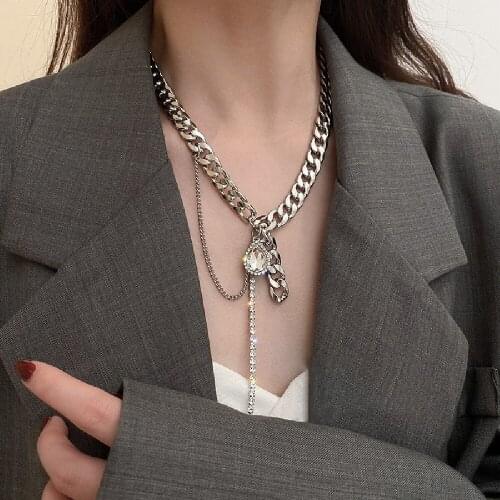 New Rhinestone Water droplets Tassel Pendanr Necklace Hip hop Chunky Curb Chain Stainless steel Chain Necklace for Women Jewelry