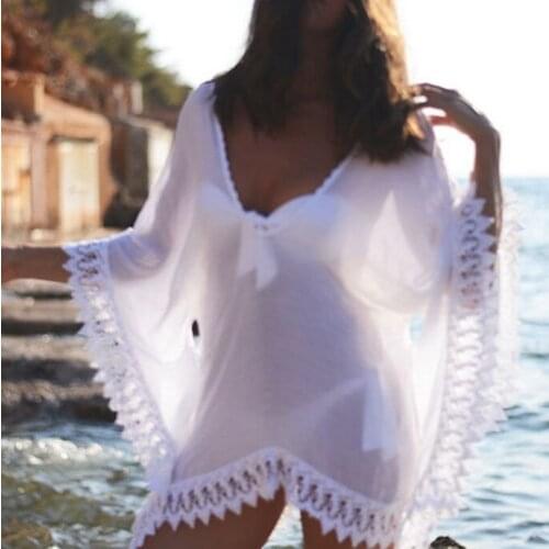 Sexy Womens White Beach Wear Chiffon Lace Patchwork Solid Cover-Ups Floral Lace Cuffs V-Neck Swimwear Cover Ups