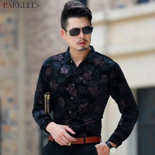 Luxury Brand Floral Velour Shirt Men 2018 Autumn New Slim Fit Long Sleeve Dress Shirts Mens Party Club Velvet Shirts For Men 3XL
