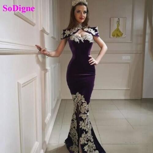 SoDigne High Neck Mermaid Evening Dress with Overskirt Velour Gold Lace Formal Dress vestido de noiva Algerian Outfit