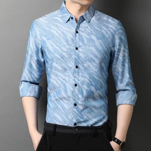 Light Blue Spring Bright Mens Shirts With Camouflage Printed Full Sleeve Cotton Blends Large Size Office Dresses Elegant Fashion