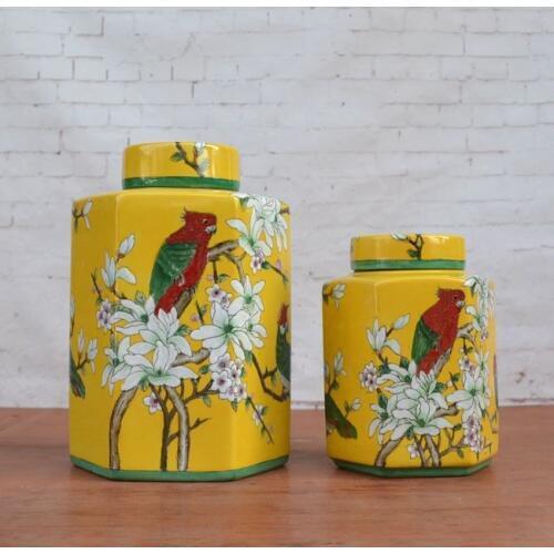 Tao Caicai painted pastel porcelain ceramic pot European tea yellow flower ornaments Home Furnishing porcelain jar