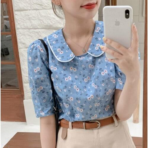 2020 Women Summer Cotton Sweet Peter Pan Collar Floral Blouse Blue Pullover Short Shirt Half Sleeve Top